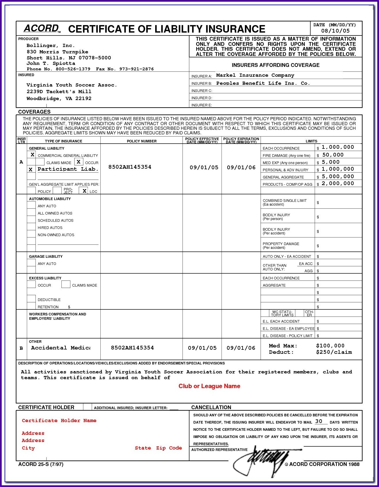 Certificate Of Liability Insurance Form Florida