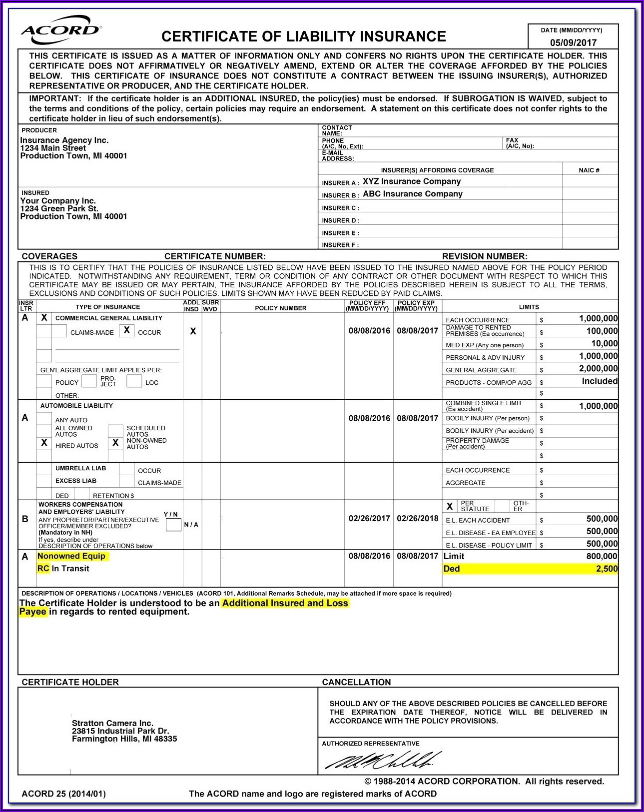 Certificate Of Liability Insurance Form Template