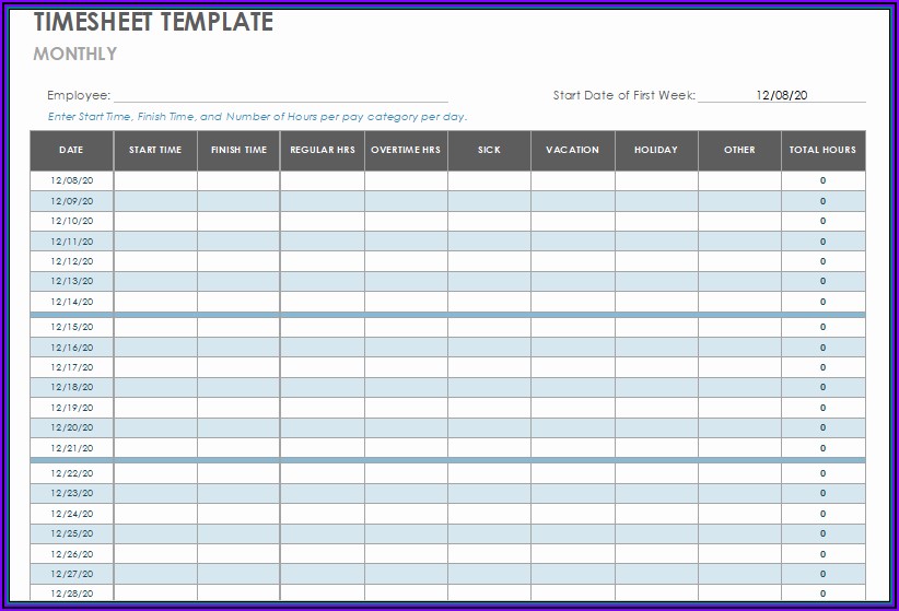 Free Monthly Timesheet Template