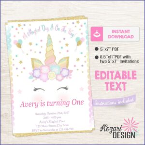 Girl Printable Editable Unicorn Birthday Invitations Templates Free