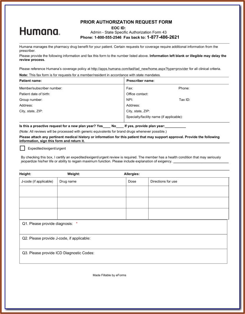 Medicare Part A Prior Authorization Form For Medications