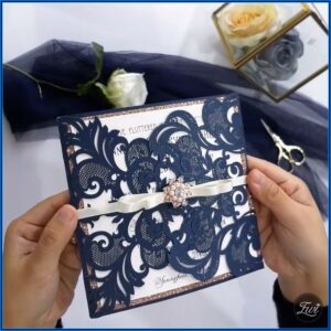 Navy And Rose Gold Laser Cut Wedding Invitations