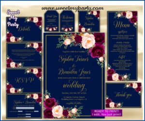 Navy Burgundy Wedding Invitation Set