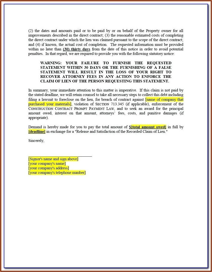 Notice Of Intent To Lien Form California