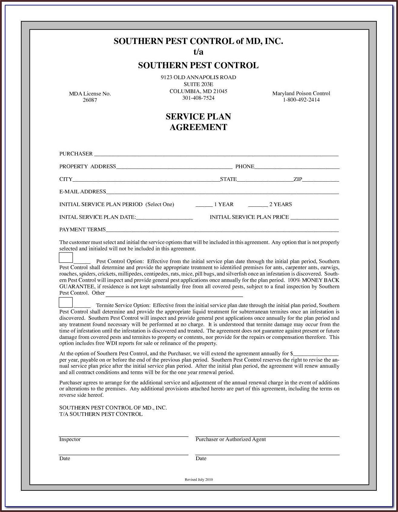 Pest Control Service Agreement Contract
