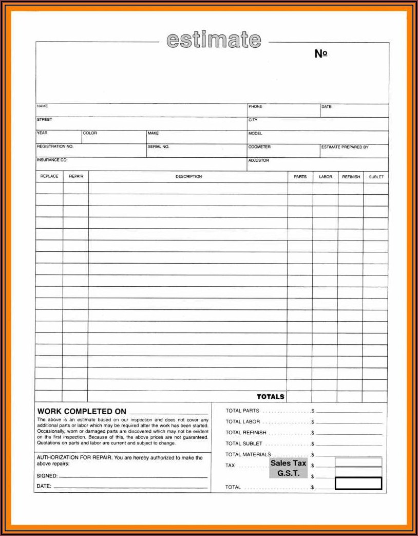 Printable Auto Body Repair Estimate Forms