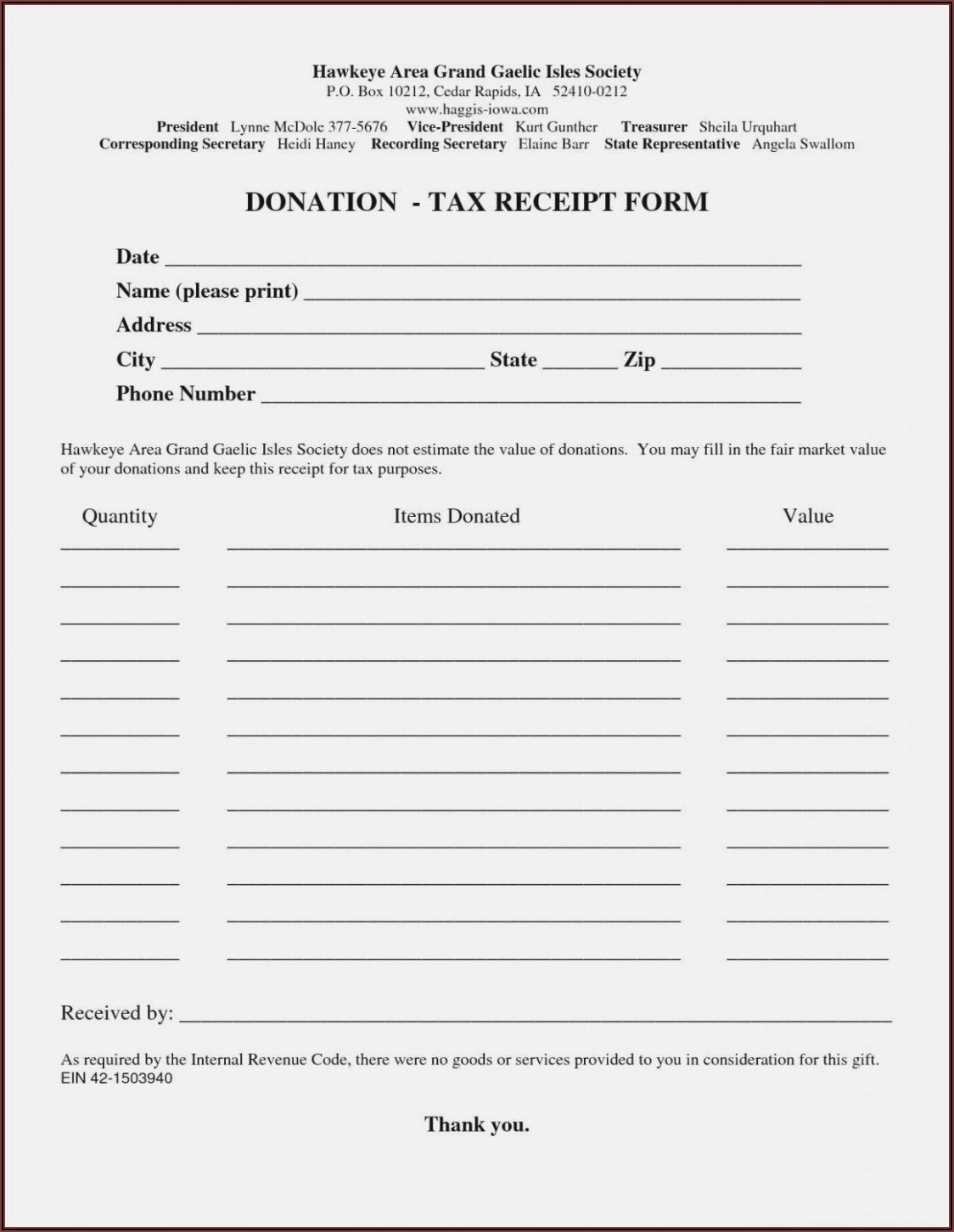 Printable Donation Receipt Form