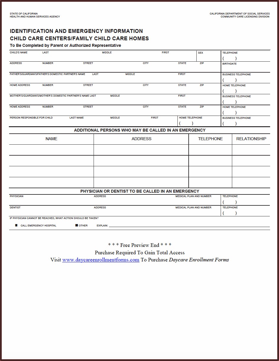 Printable Enrollment Forms For Daycare