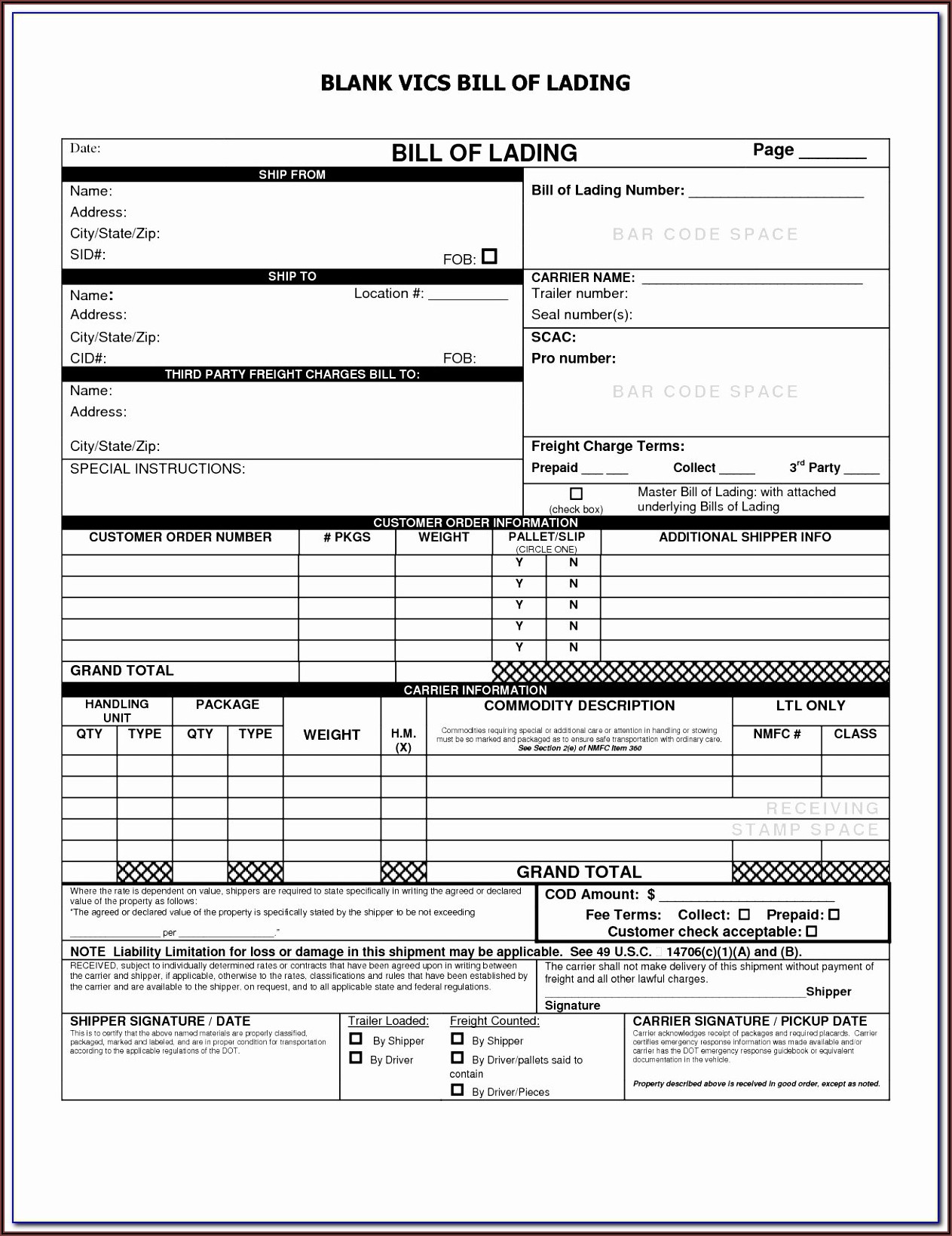 Printable Free Blank Straight Bill Of Lading Short Form Pdf