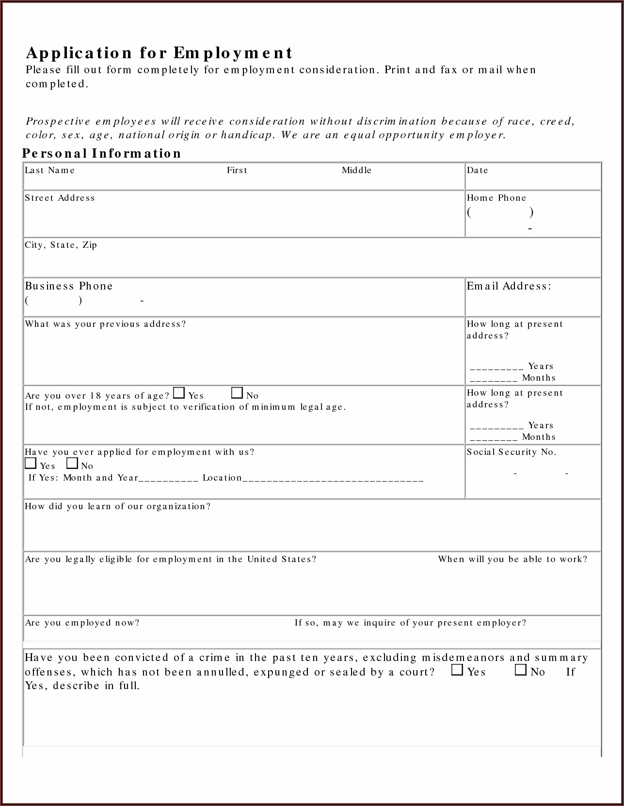 Printable Generic Application Form