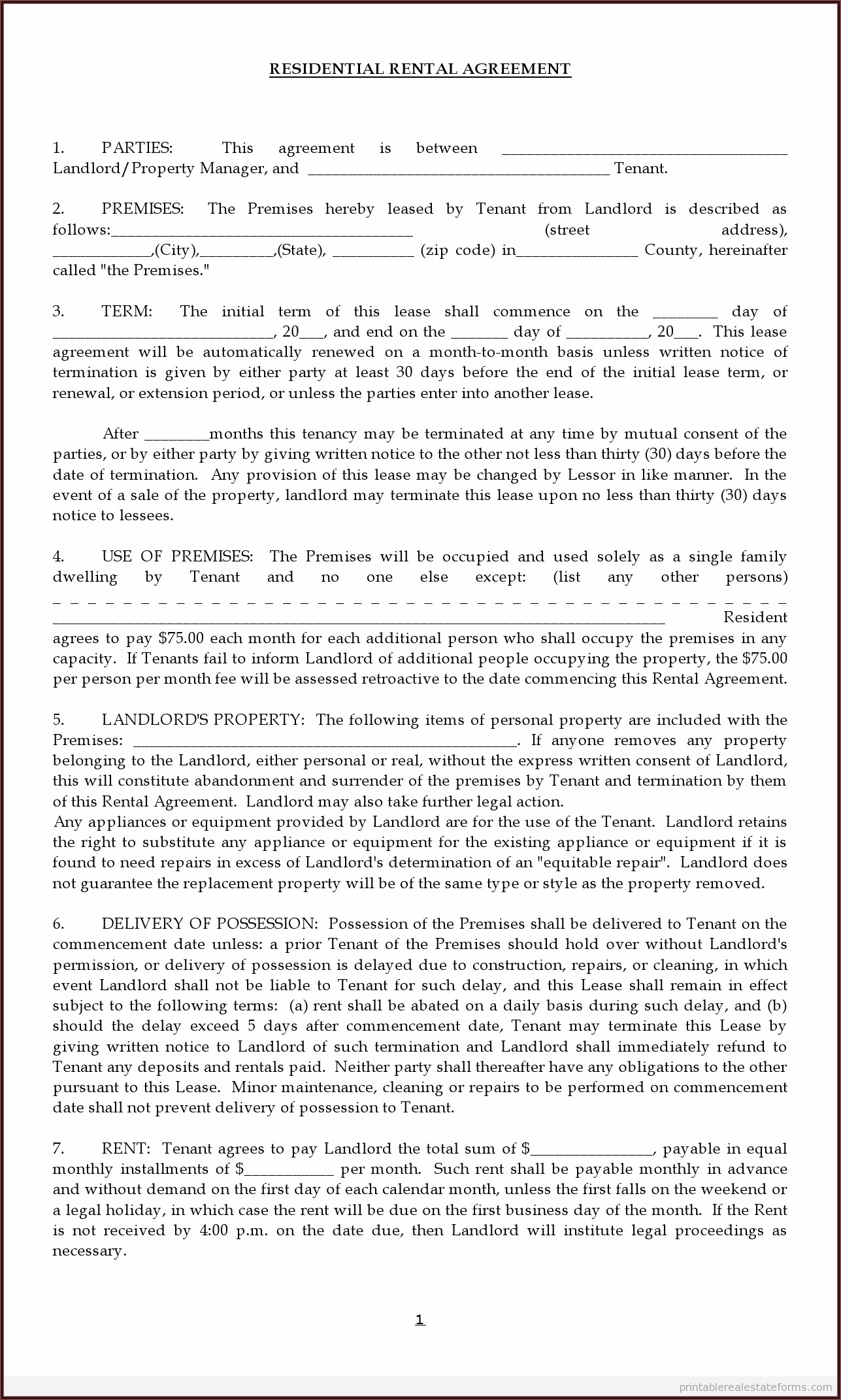 Printable Rental Lease Agreement Forms