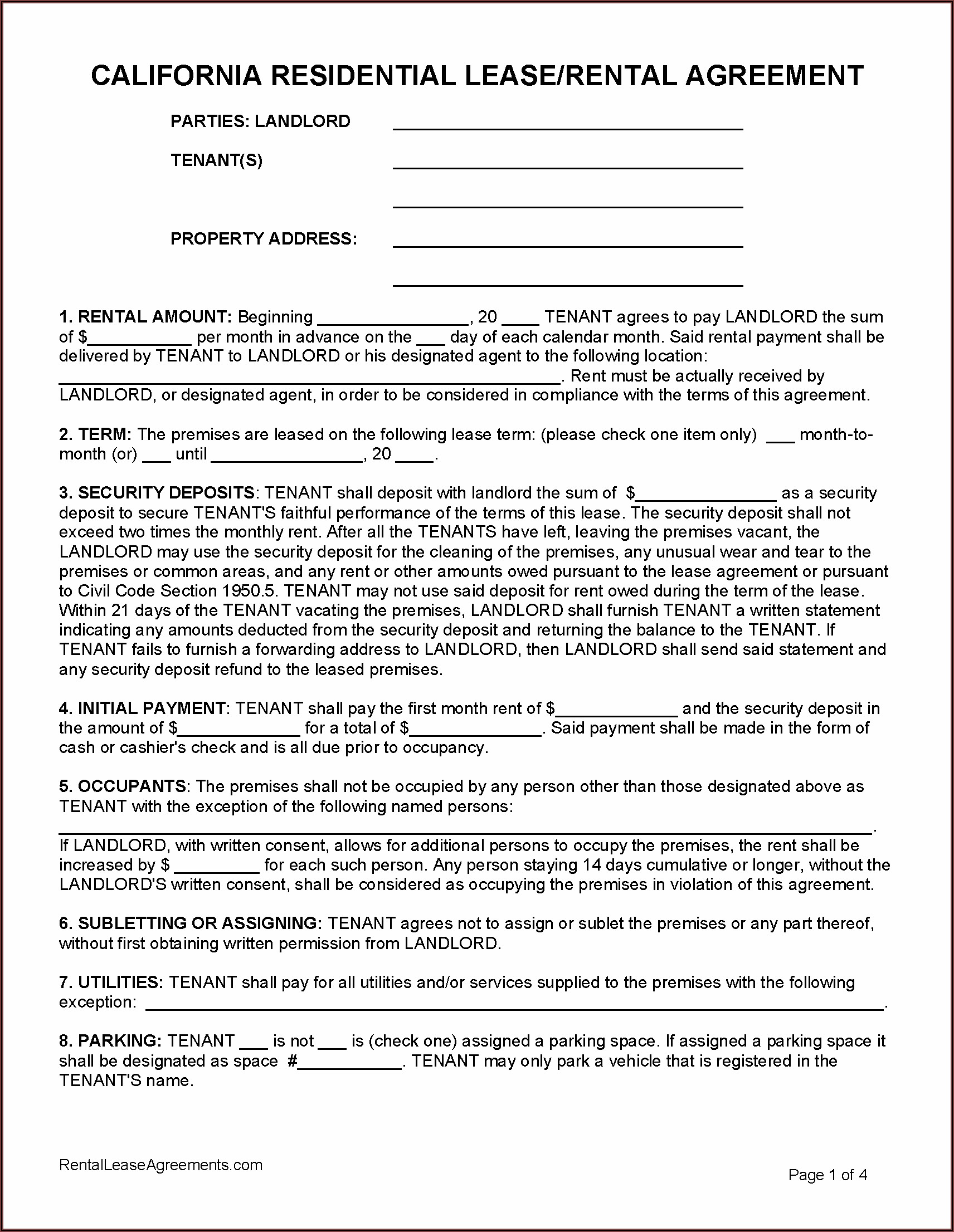 Residential Lease Agreement Form Free