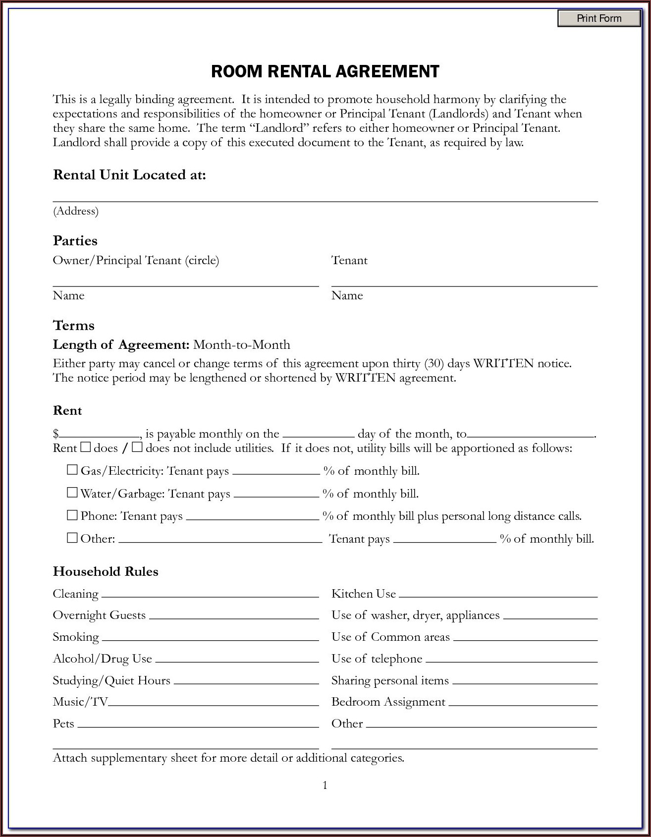 Residential Leaserental Agreement Form