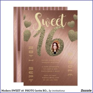 Rose Gold Sweet 16 Photo Invitations