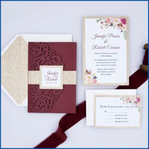 Silver Laser Cut Burgundy Floral Wedding Invitations