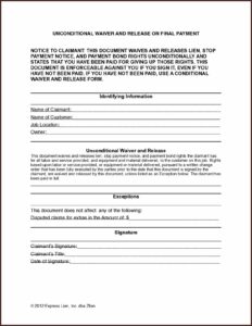 Subcontractor Final Release Of Lien Form
