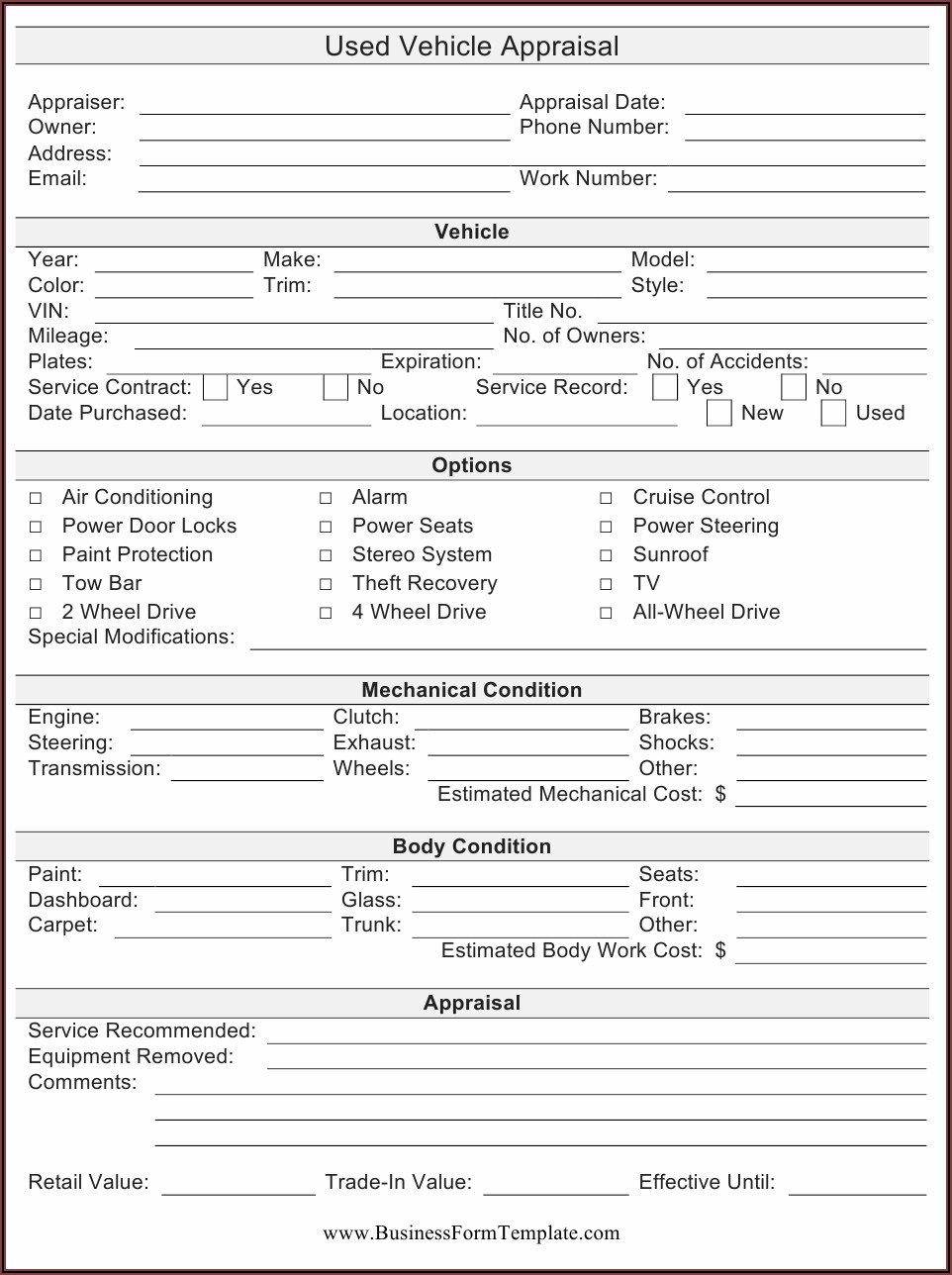 Texas Auto Appraisal Form