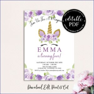 Unicorn Invitation Template Editable