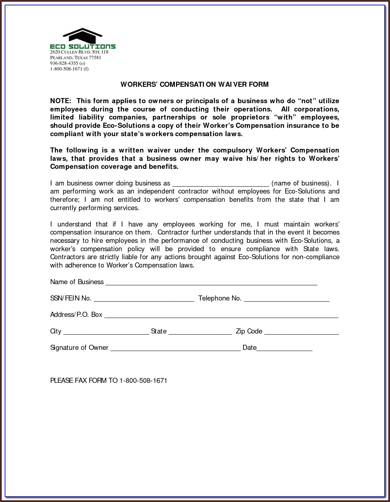 Waiver Of Subrogation Workers Compensation Form