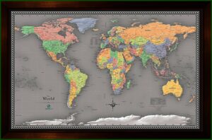 World Map Framed Poster Wall Art 37x25 Brown