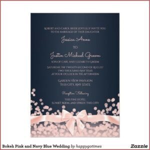 Bokeh Pink And Navy Blue Wedding Invitation