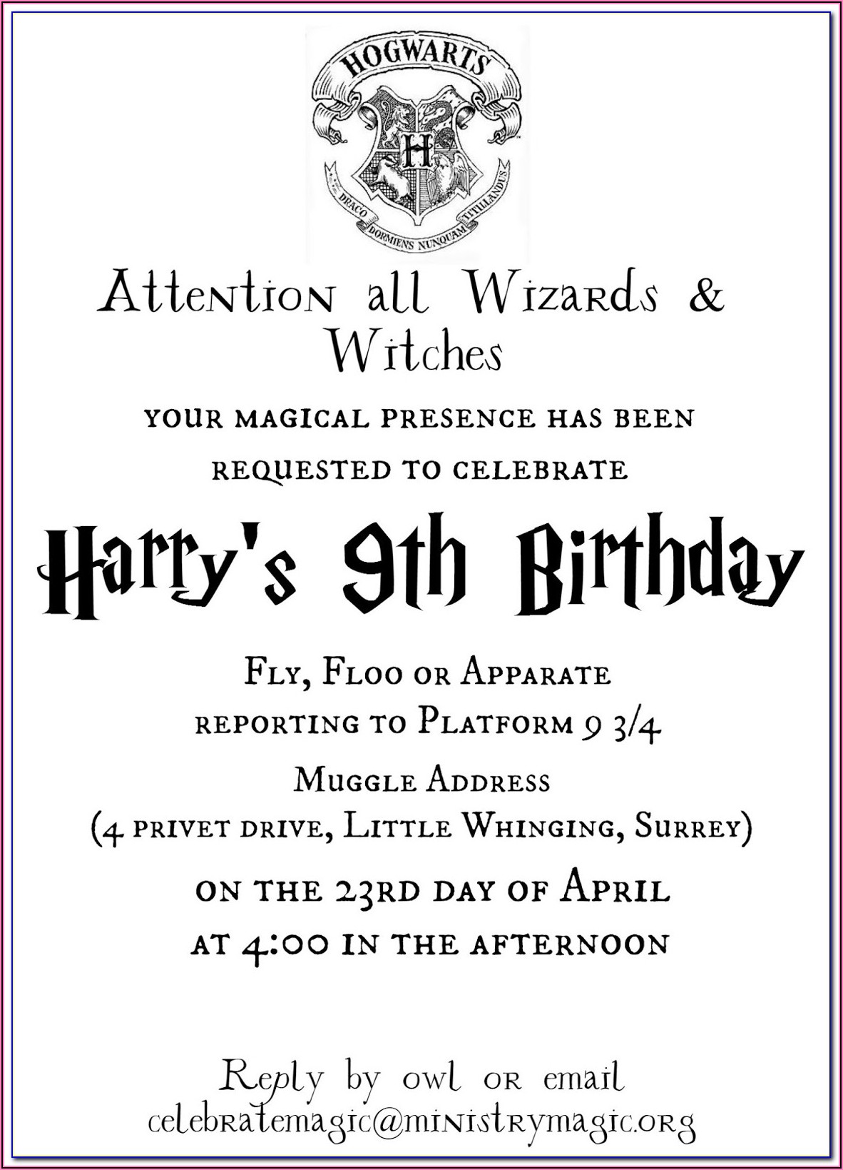 Downloadable Harry Potter Birthday Invitation Template