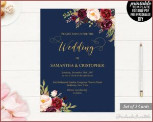 Maroon Navy And Gold Wedding Invitations