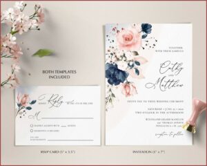 Navy Blue And Pink Wedding Invitation Card