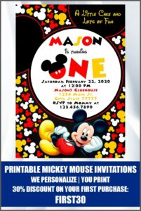 Printable Mickey Mouse 1st Birthday Invitations