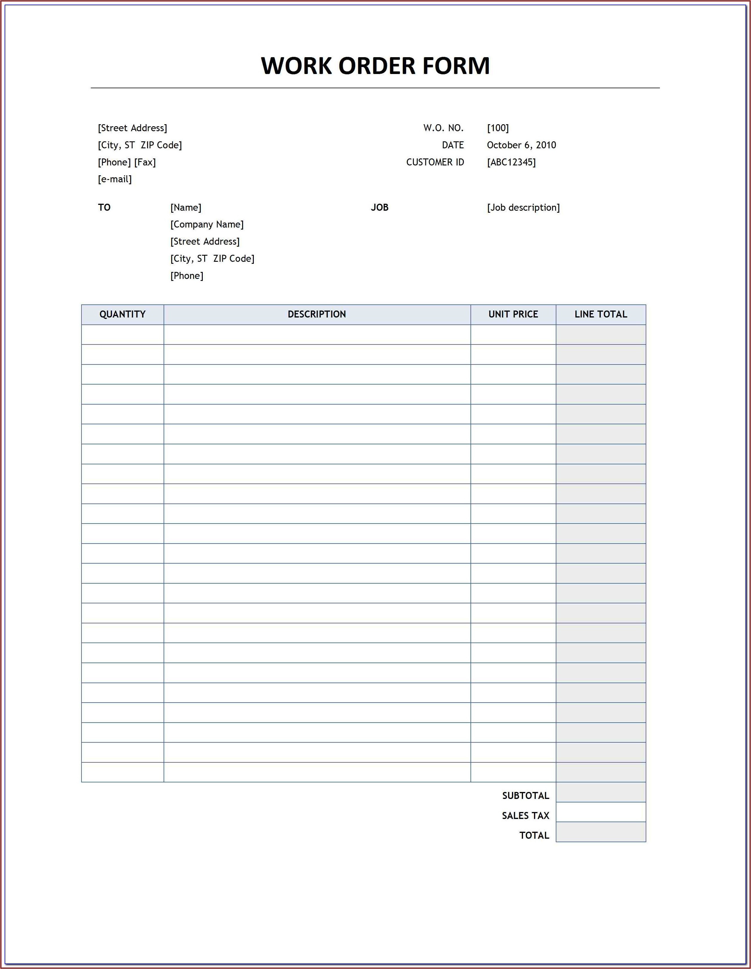 Blank Work Order Forms Download