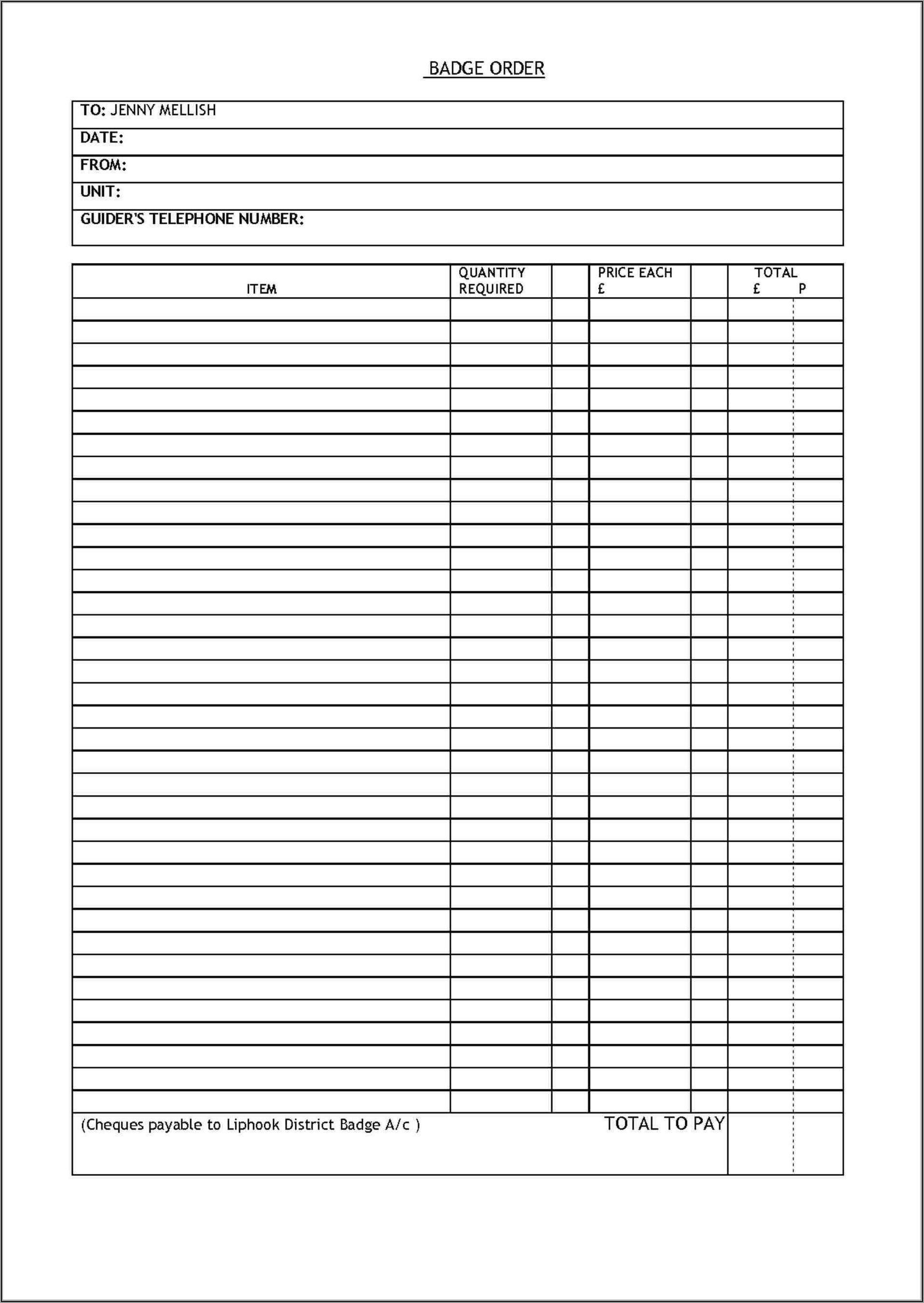 Blank Work Order Forms Free