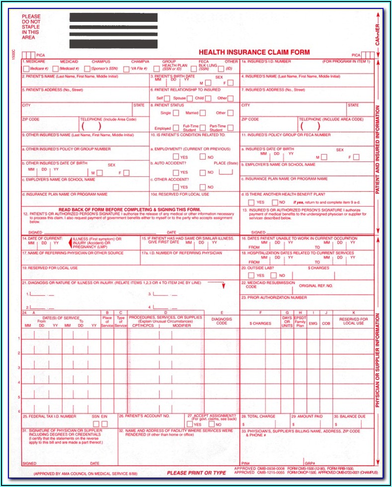 Completed 1500 Claim Form Sample