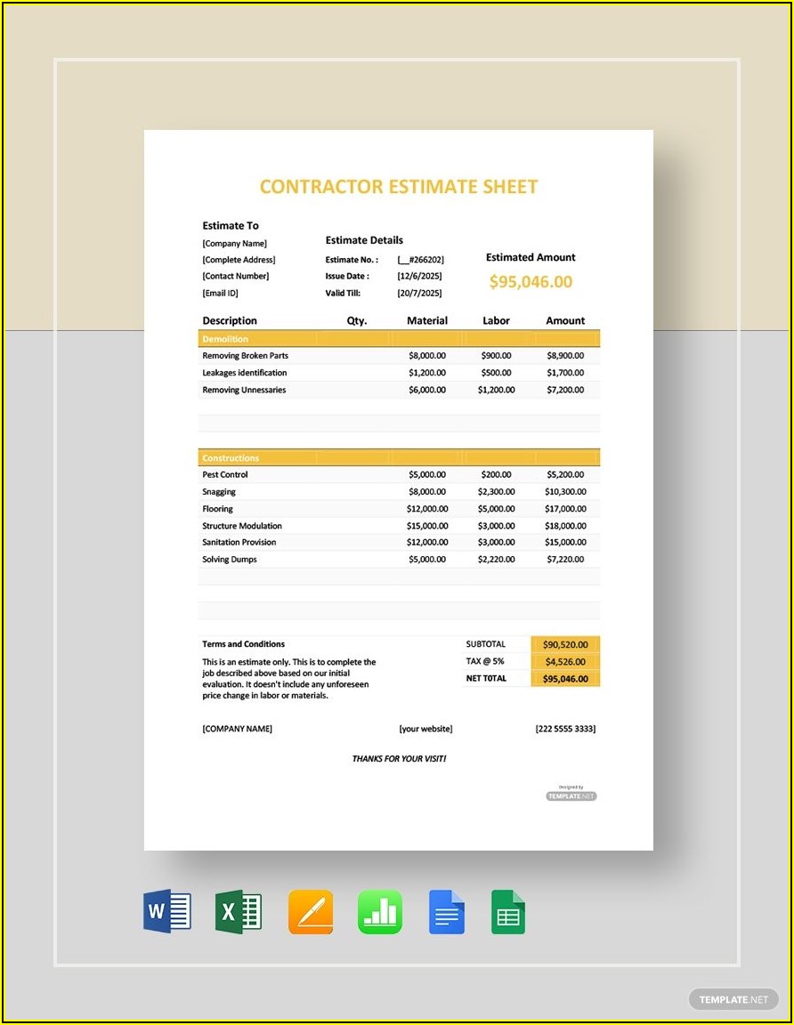 Contractor Estimate Template Excel
