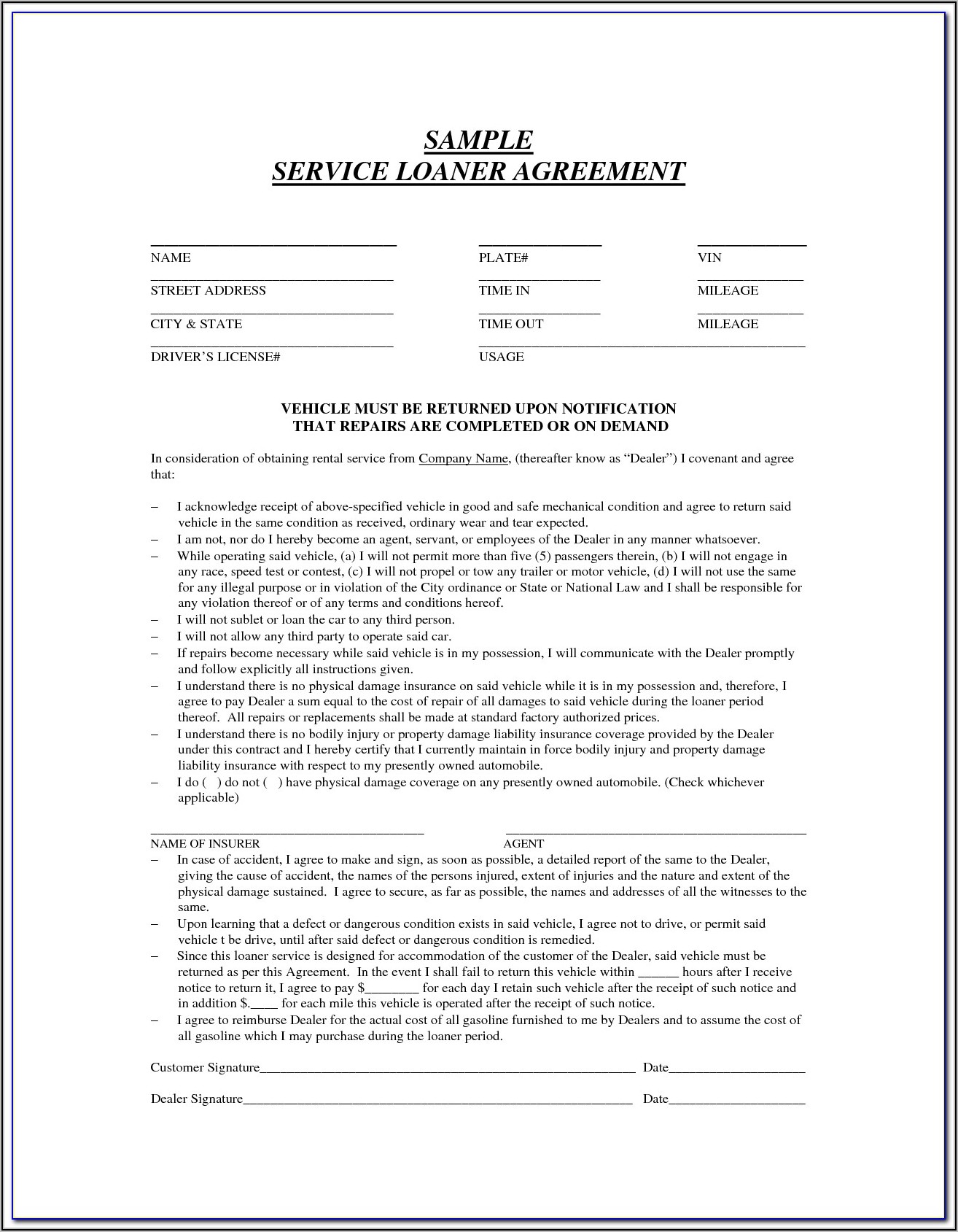Equipment Loaner Agreement Template