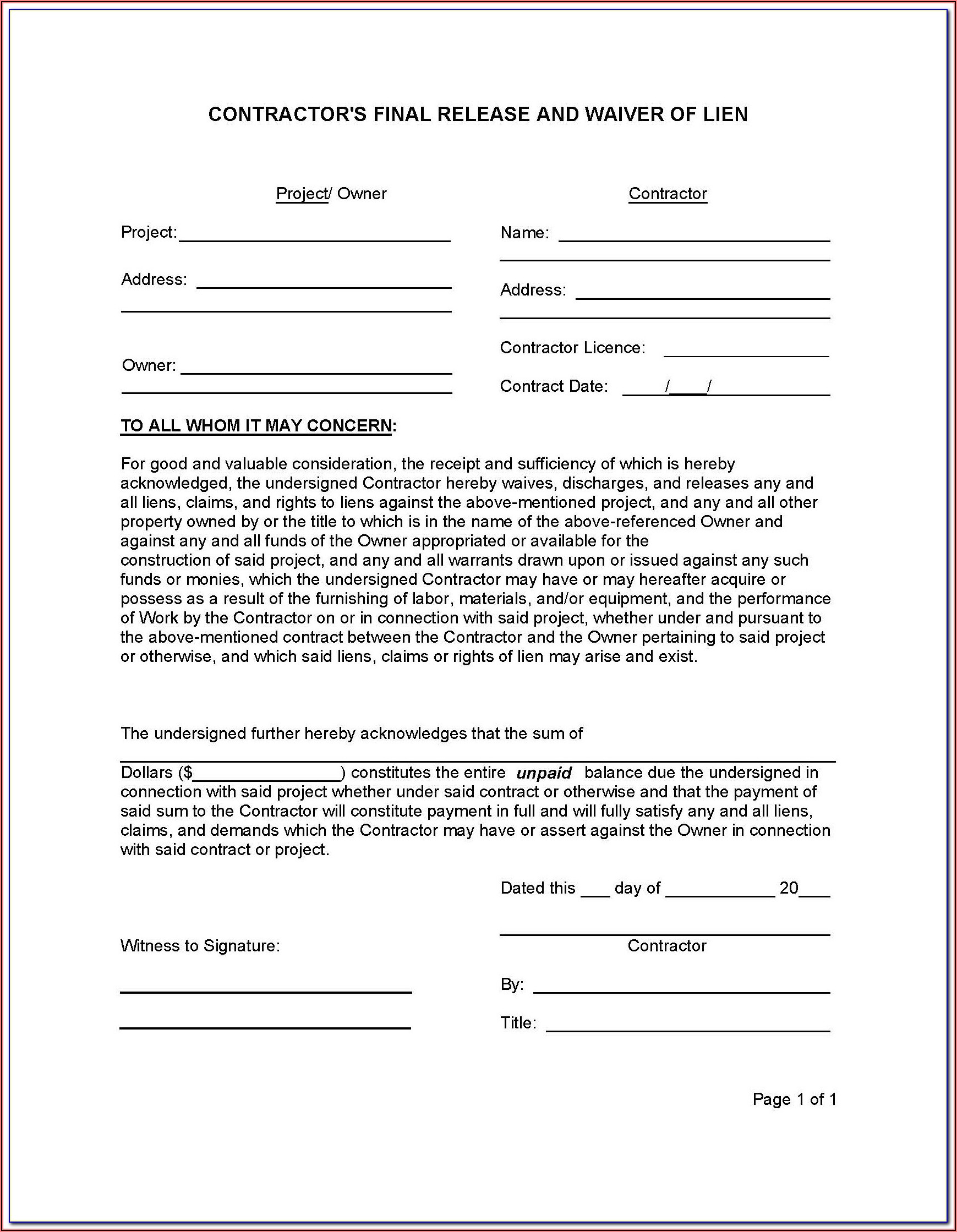 Free Construction Lien Waiver Form