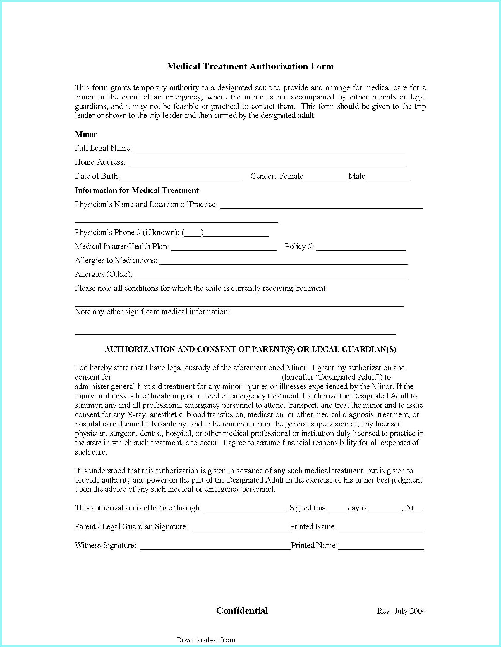 Free Medical Treatment Consent Form For Minor
