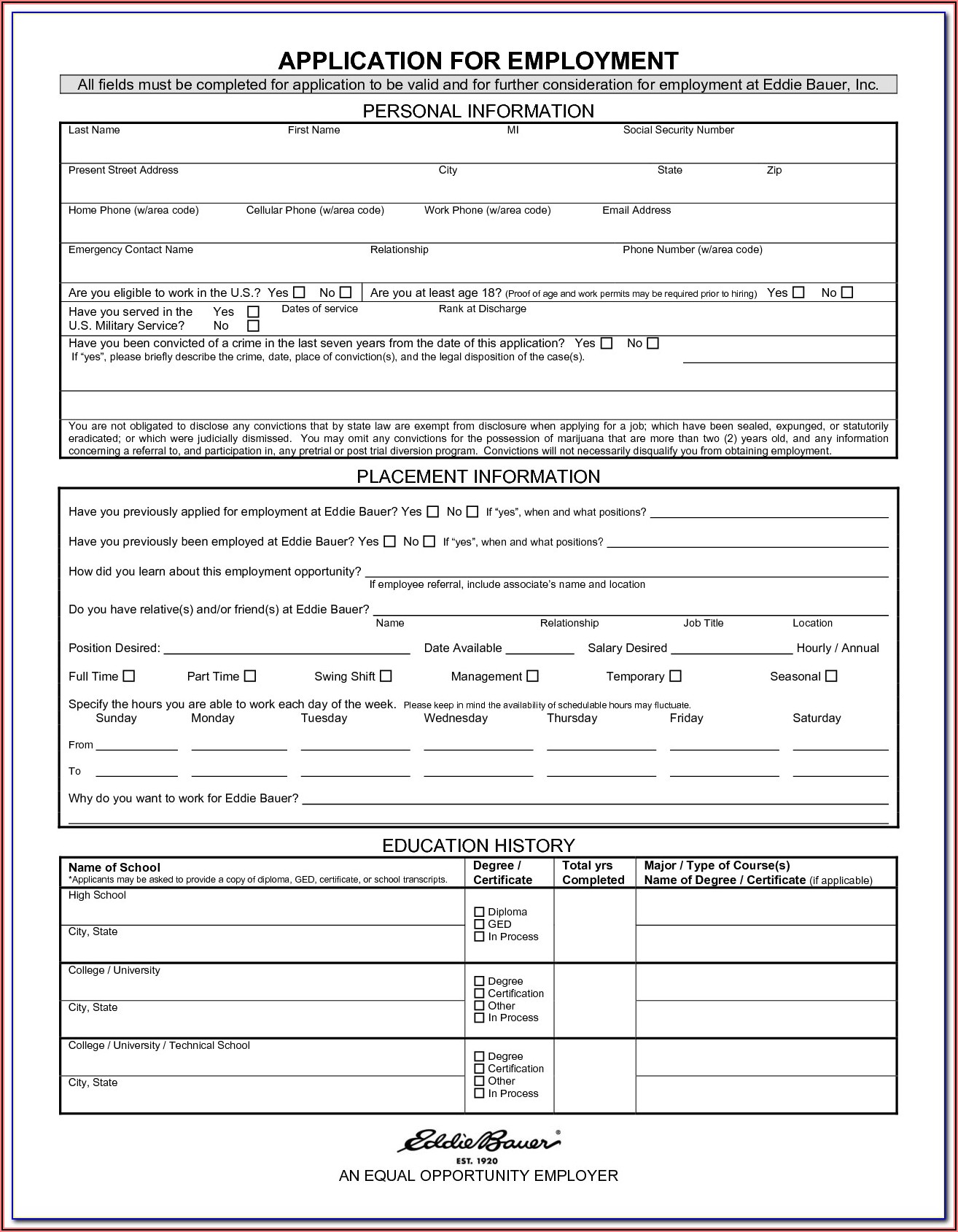 Free Sample Employment Application Form