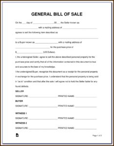 Generic Used Car Bill Of Sale Form