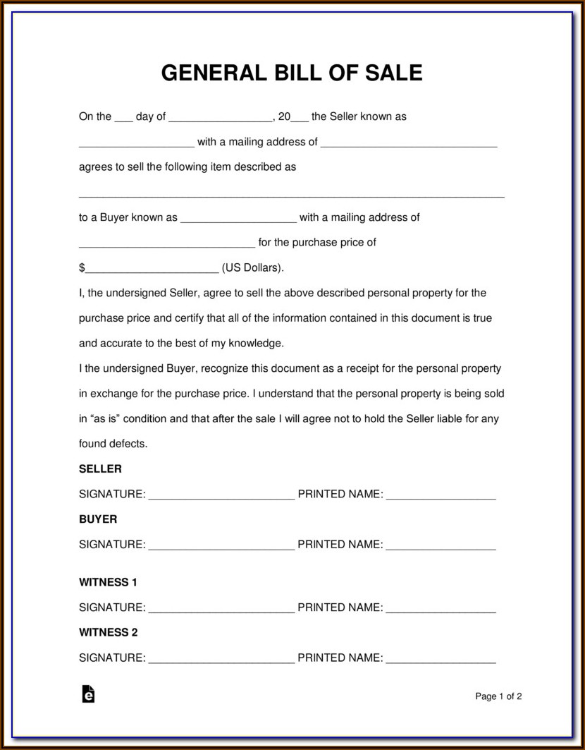 Generic Used Car Bill Of Sale Form