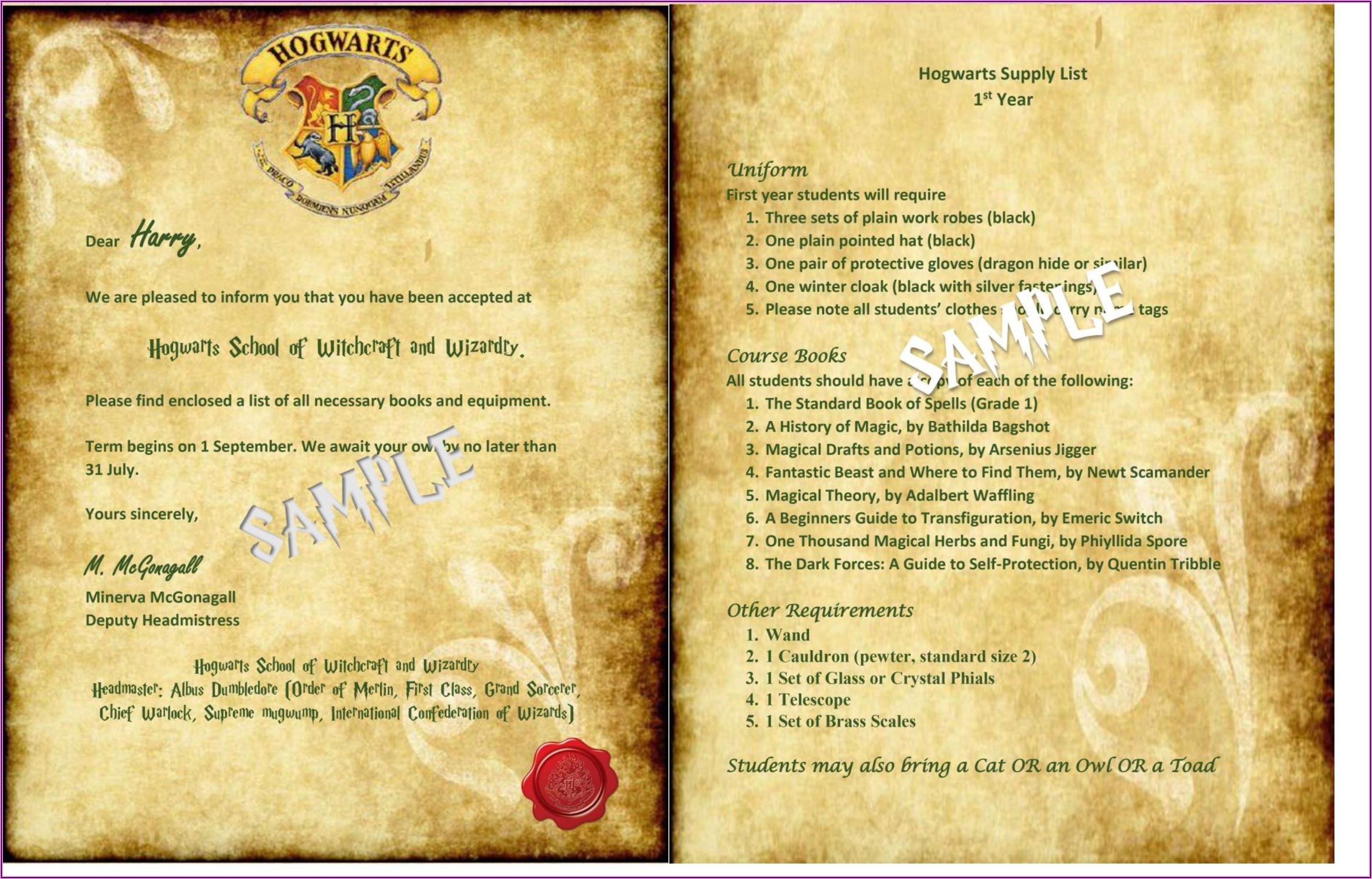 Harry Potter Hogwarts Acceptance Letter Envelope