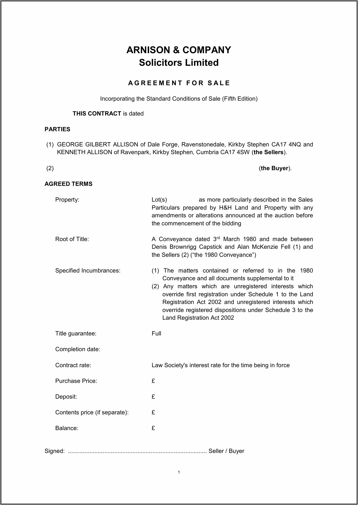 Land Sale Contract Form