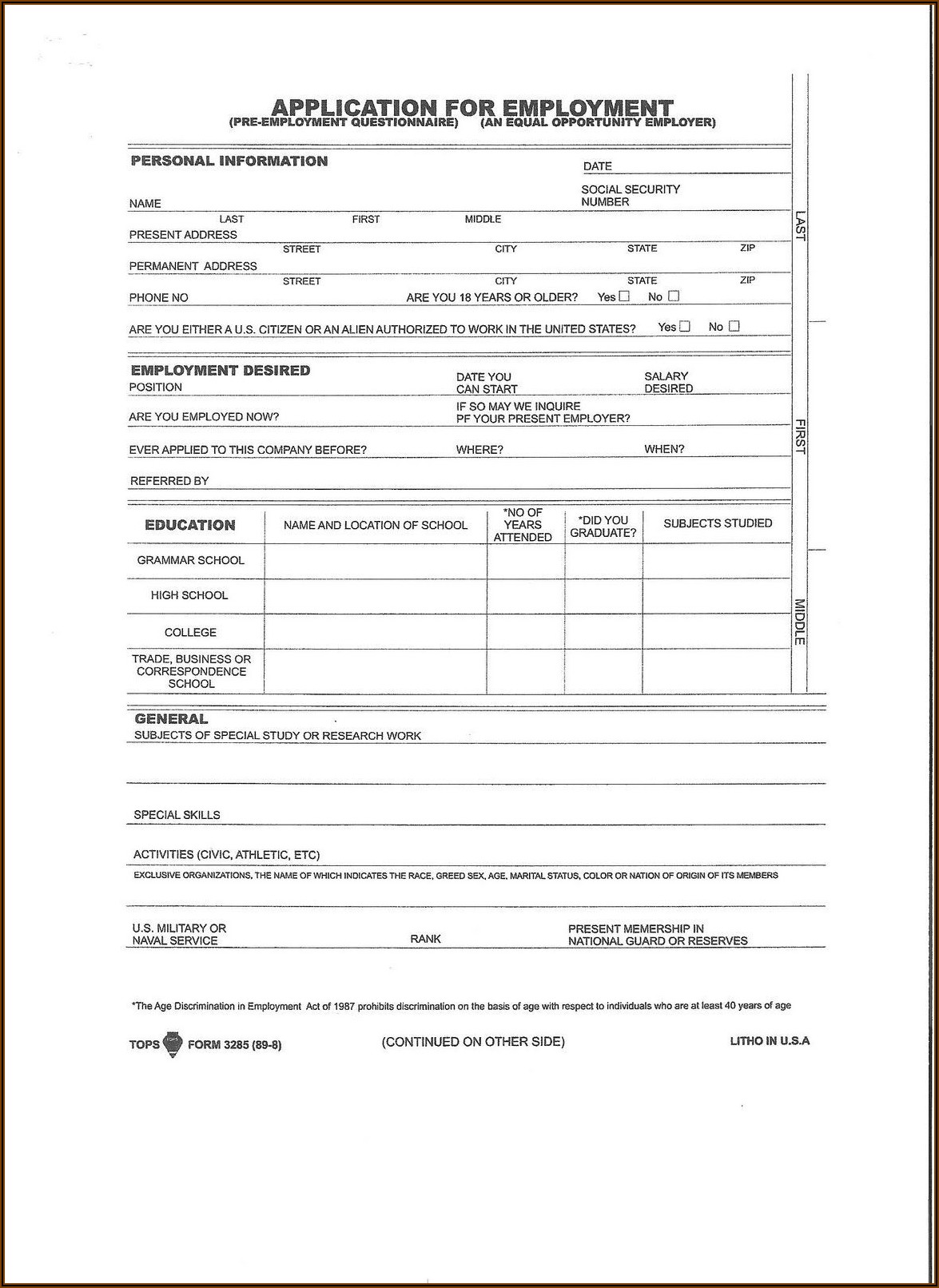 Printable Blank Job Application Form