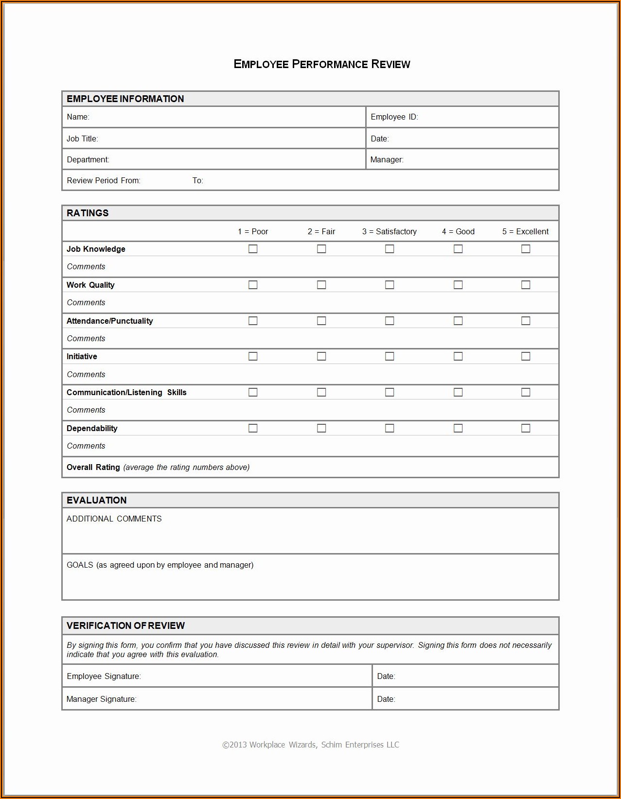 Printable Restaurant Employee Evaluation Form