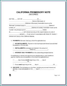 Promissory Note California Form Free
