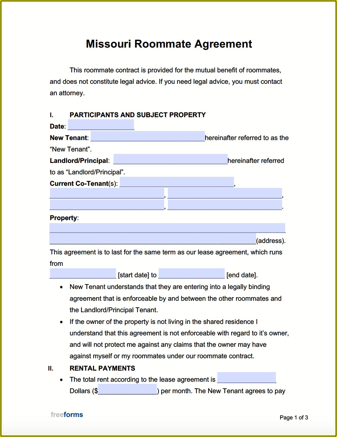 Roommate Agreement Template Free