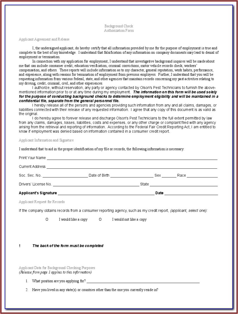 Sample Pre Employment Background Check Form