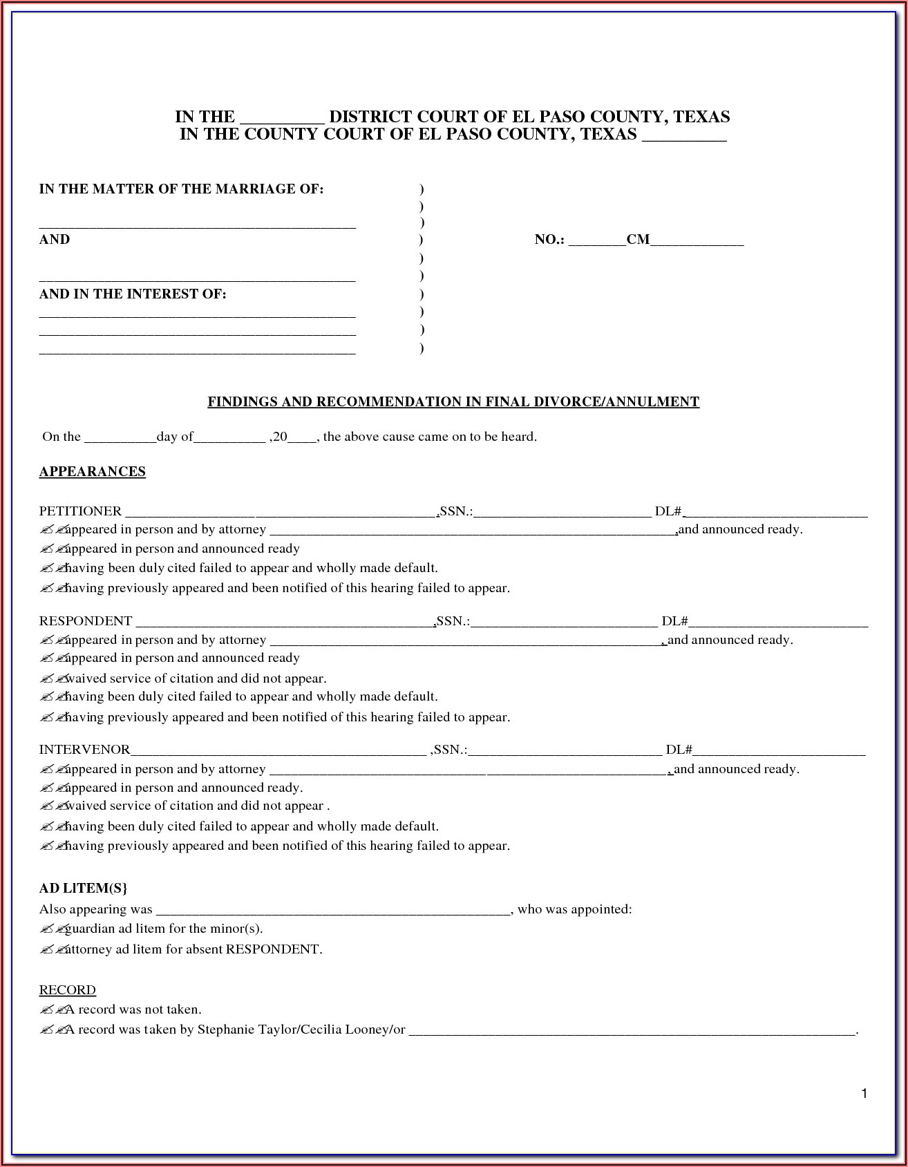 State Of Texas Divorce Decree Form