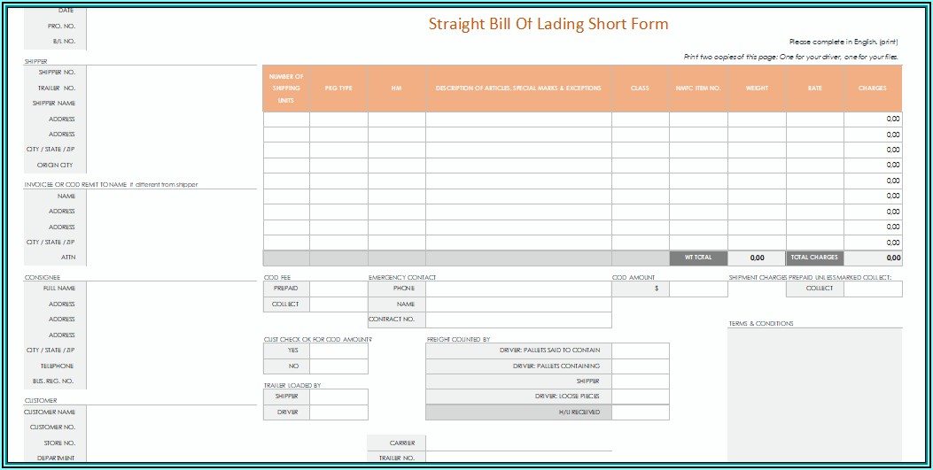 Straight Bill Of Lading Short Form Printable