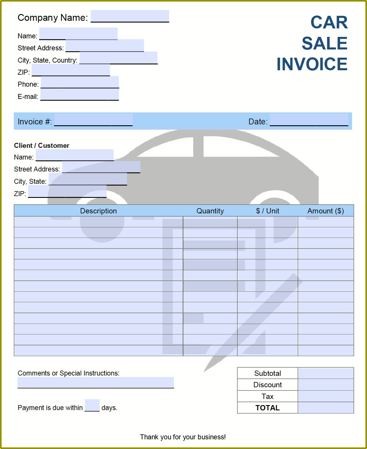 Used Car Sales Invoice Template Uk Free