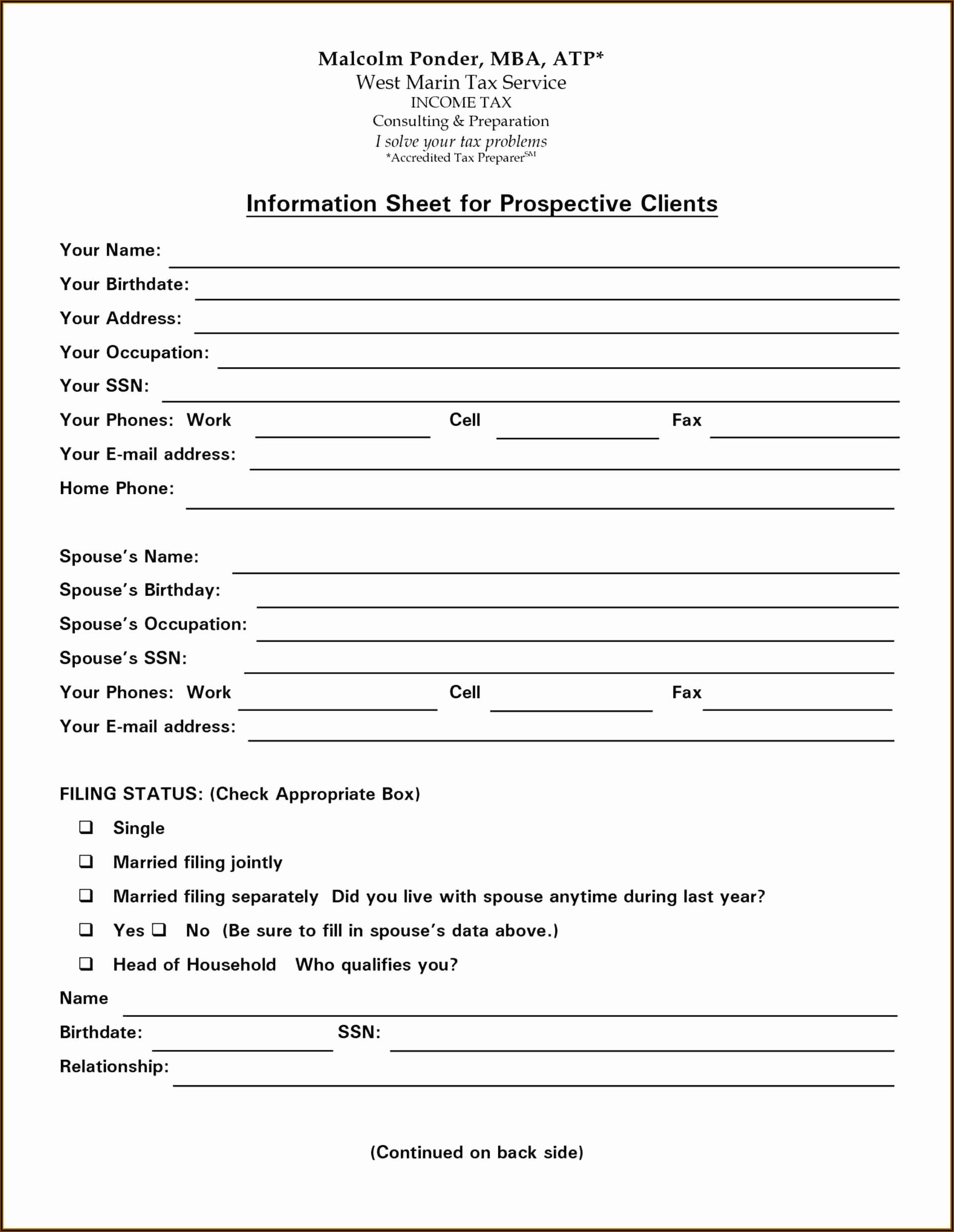 2019 Tax Preparation Client Intake Form Template
